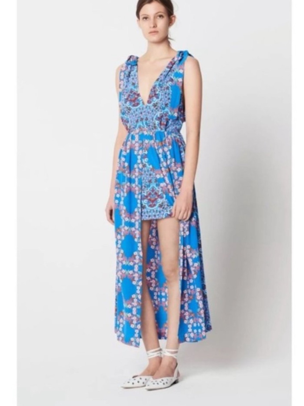 Sandro Blue Floral Crepe Front Slit Maxi Dress